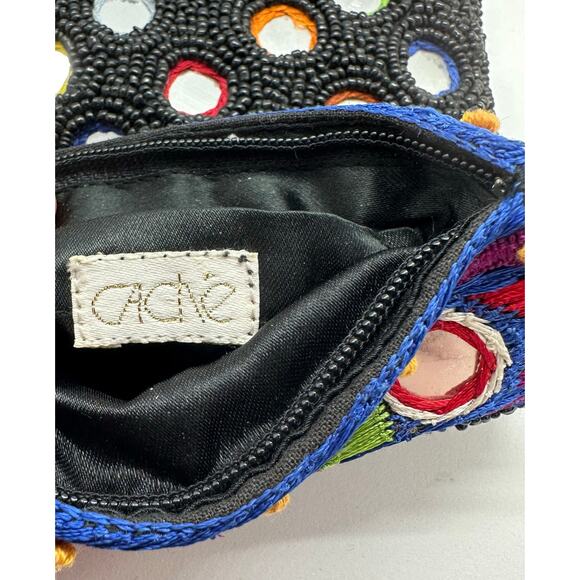 Vintage Cache Beaded Coin Purse Lined Zipper Pouch Black Aztec Print Mirrors - Picture 4 of 8